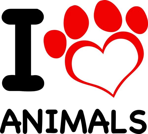 Kırmızı kalp pençe metinle hayvanları seviyorum — Stok fotoğraf