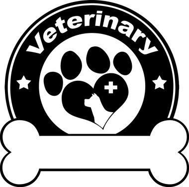 Veteriner siyah daire etiket tasarım sevgi ile köpek pençe, Cross ve metin altında kemik