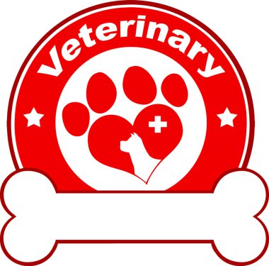 Veteriner kırmızı daire etiket tasarım sevgi ile köpek pençe, Cross ve metin altında kemik