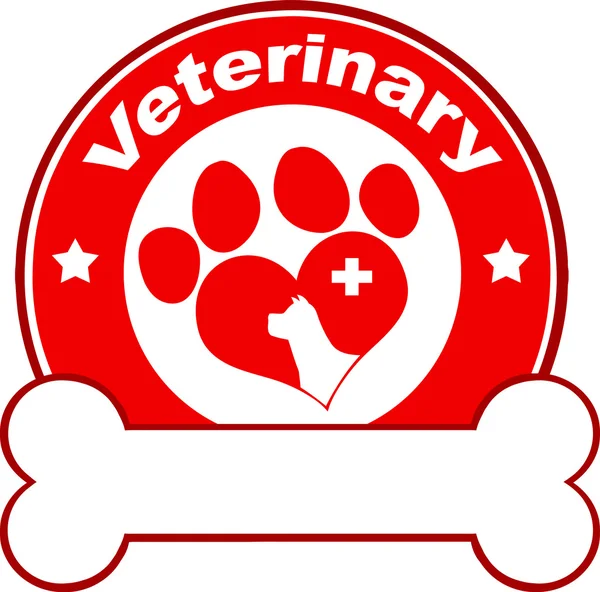 Projeto vermelho veterinário da etiqueta do círculo com o cão da pata do amor, cruz e osso sob o texto — Fotografia de Stock
