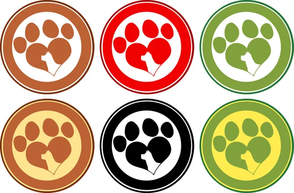 Love Paw Print Circle Banners Design With Dog Head Silhouette. Collection Set — Stock Photo, Image