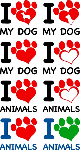 I Love Animals Text With Heart Paw Prints. Collection Set — Stock Photo, Image