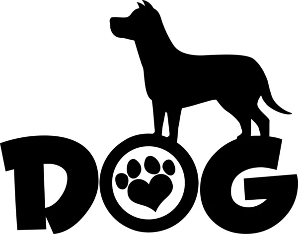 Dog Black Silhouette Over Text With Love Paw Print — Stock Photo, Image