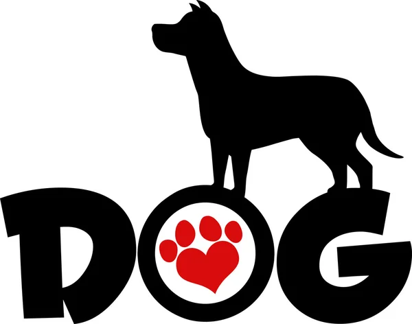 Silhueta preta do cão sobre o texto com ilustração vermelha da impressão da pata do amor — Fotografia de Stock