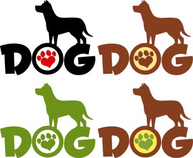 Köpek siluet aşk pençe baskı farklı renkler metnin üzerine. Koleksiyonu kümesi