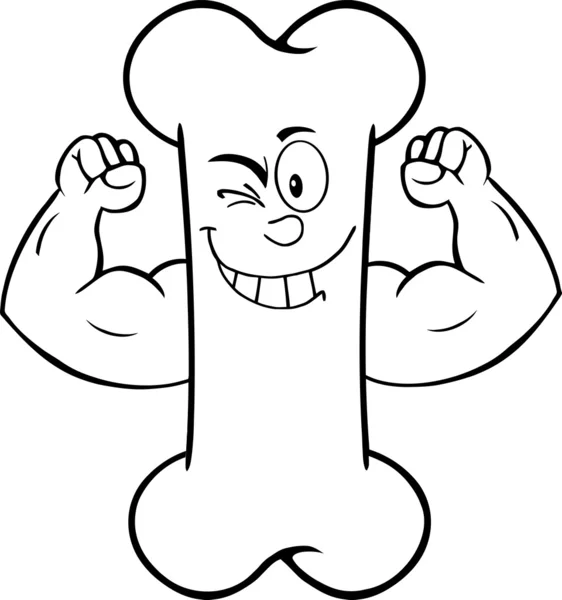 Black And White Winking Bone Cartoon Mascot Character Showing Muscle Arms — Stock Photo, Image