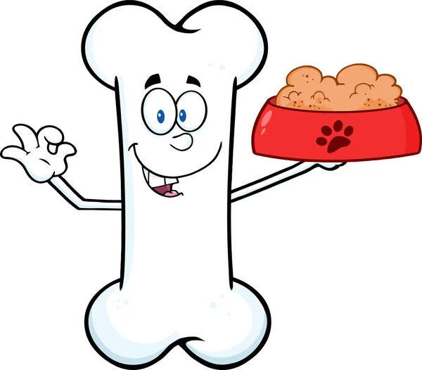 Glücklich Knochen Cartoon-Maskottchen Charakter hält ein Hundefutter in roten Schüssel Schüssel — Stockfoto