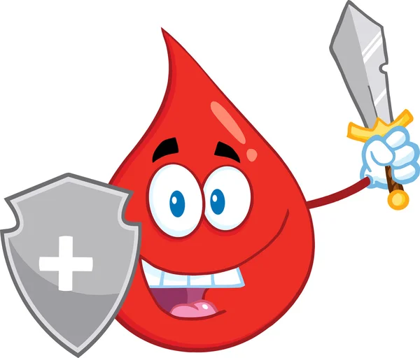 Red Blood Drop Guarder Cartoon Mascot Character with Shield and Sword — стоковое фото