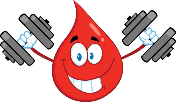 ダンベル トレーニングの文字赤い血ドロップに漫画のマスコットを笑顔 — ストック写真