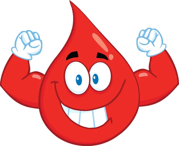 Smiling Red Blood Drop Cartoon Mascot Персонаж, стреляющий мышцами — стоковое фото