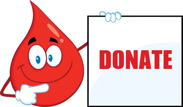 Röd blod droppa tecknad maskot karaktär visar en tom skylt med Text donera — Stockfoto