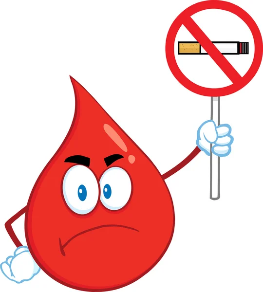 Angry Red Blood Drop Cartoon Mascot Character Holding Up A No Smoking Sign — Stock Photo, Image