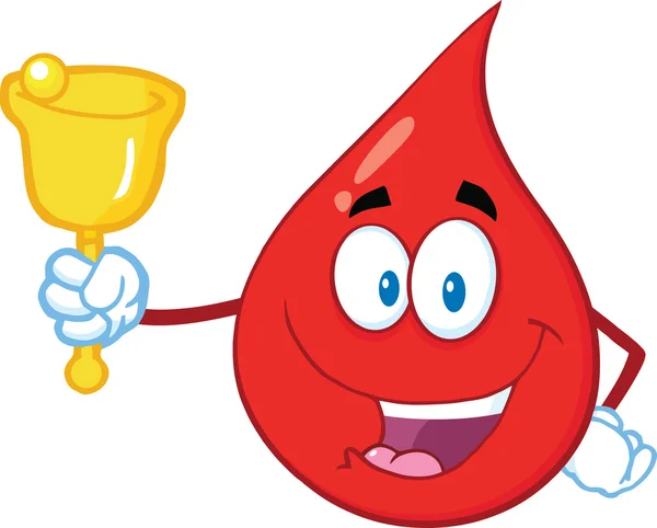Rood bloed Drop Cartoon mascotte karakter zwaaien een Bell voor donatie — Stockfoto