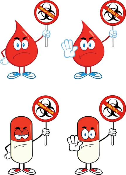 Personajes de gota roja y píldora con señal de parada de ébola. Conjunto colección — Foto de Stock