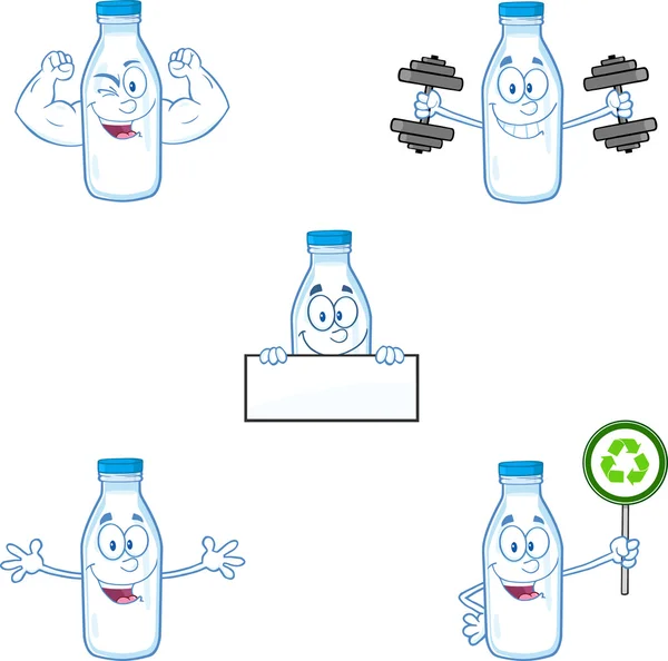 牛奶瓶卡通人物在不同构成 3。收藏集 — 图库照片