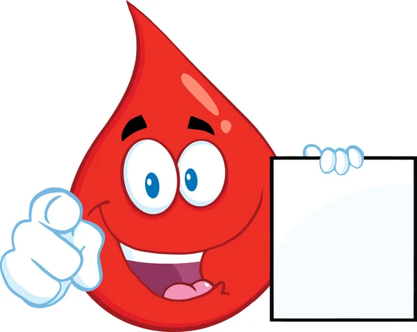 Rojo gota de sangre de dibujos animados mascota carácter señalando con el dedo y sosteniendo una página en blanco — Foto de Stock