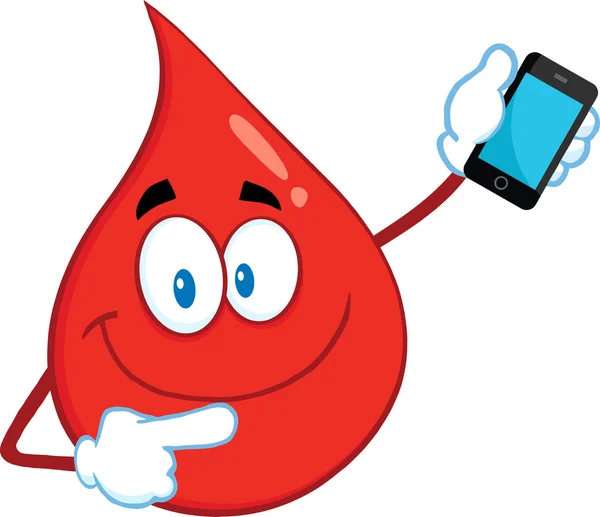 Lächelnde rote Bluttropfen Cartoon-Maskottchen-Figur, die auf ein Handy zeigt — Stockfoto