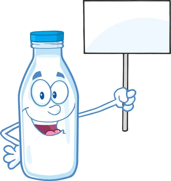 Caráter bonito garrafa de leite segurando um sinal em branco — Fotografia de Stock