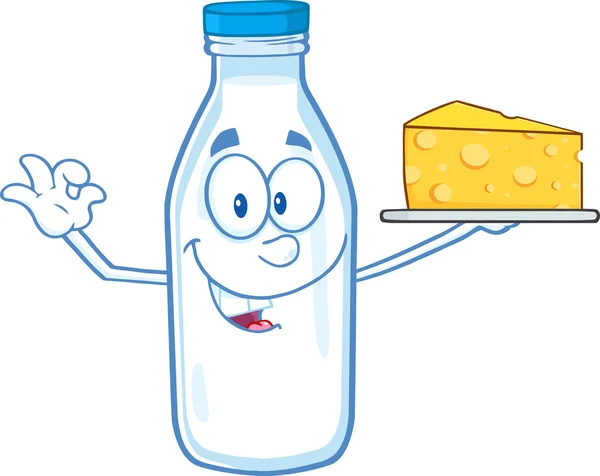 Funny Milk Bottle Character Holding Up A Wedge Of Yellow Cheese — Stock Photo, Image