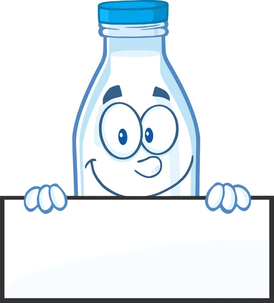 Carácter sonriente de la botella de leche sobre un signo en blanco — Foto de Stock