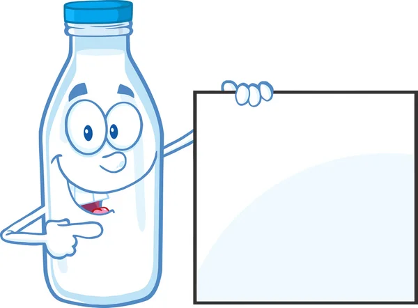 Carácter sonriente de la botella de leche que muestra un signo en blanco — Foto de Stock