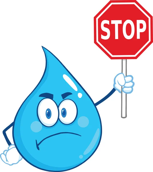 Carácter enojado de la mascota de dibujos animados gota de agua sosteniendo una señal prohibida —  Fotos de Stock