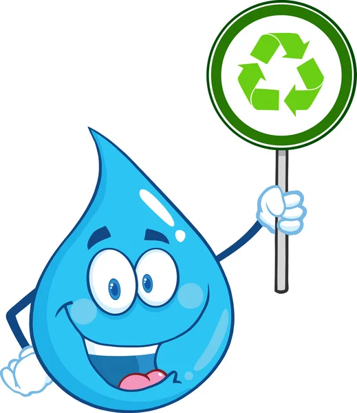 Happy Water Drop Karakter Memegang Tanda Recycle — Stok Foto
