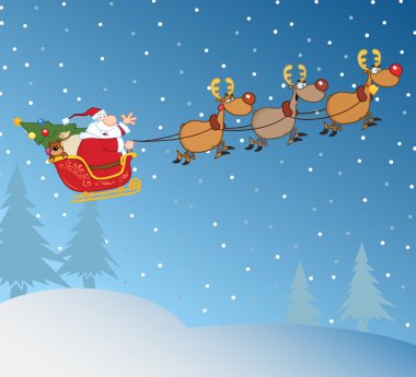 Noel baba uçuş onun ren geyiği ve yılbaşı gecesini kızakta ile
