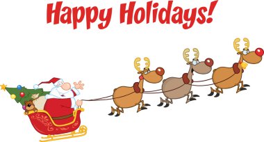 Mutlu tatil uçuş onun ren geyiği ve kızak ile Noel Baba ile tebrik