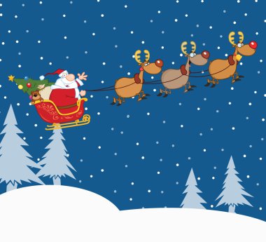Noel baba uçuş onun ren geyiği ve yılbaşı gecesini kızakta ile
