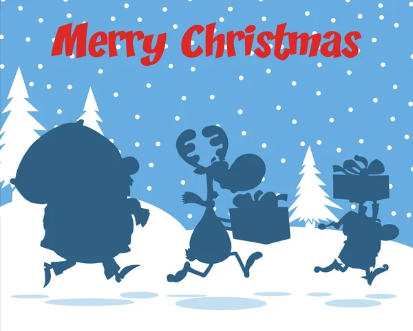 Feliz Navidad saludo con Santa Claus, renos y elfos siluetas — Foto de Stock
