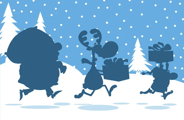 Santa Claus, Reindeer And Elf Running In Christmas Night Silhouettes Design Card — стоковое фото