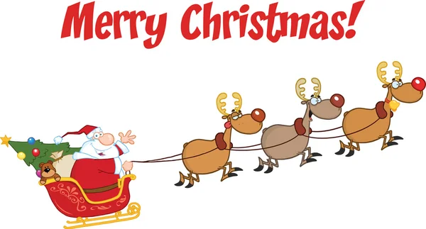 Feliz Navidad Saludo con Santa Claus en vuelo con sus renos y trineo —  Fotos de Stock