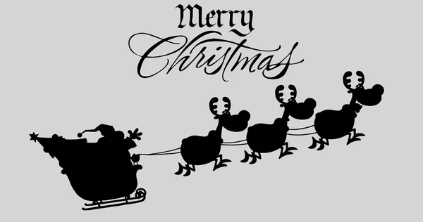 Merry Christmas Greeting With Santa Claus In Flight With His Reindeer And Sleigh Silhouettes — Stock Photo, Image