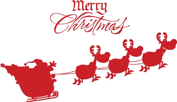 Merry Christmas Greeting With Santa Claus In Flight With His Reindeer And Sleigh Silhouettes — Stock Photo, Image