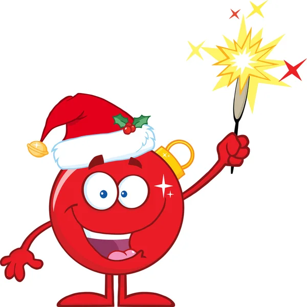 Bir Fireworks vererek mutlu kırmızı Noel topu çizgi film karakteri — Stok fotoğraf
