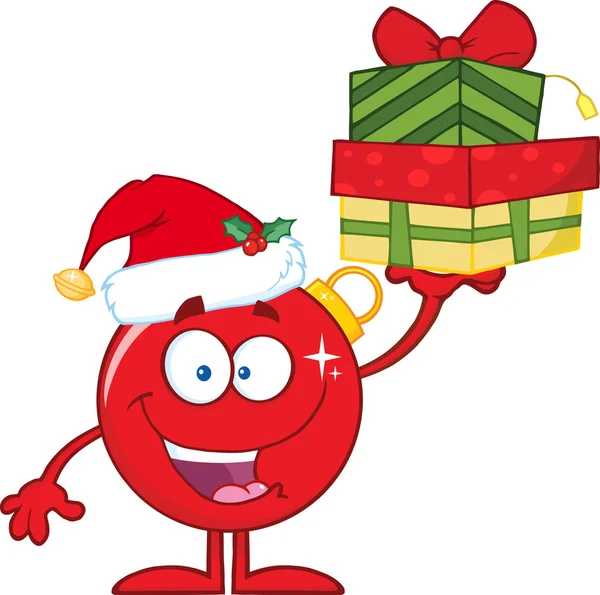 Happy Red Christmas Ball Cartoon Character Holding Up A Stack Of Gifts — Stok Foto