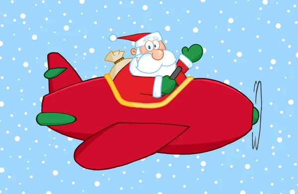 Santa Claus volando su avión de Navidad en la nieve y saludando —  Fotos de Stock