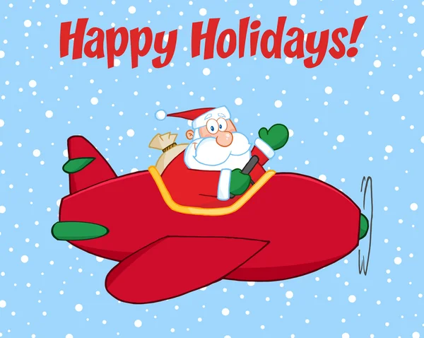 Felices Fiestas Saludo con Santa Claus Volando un avión y saludando —  Fotos de Stock