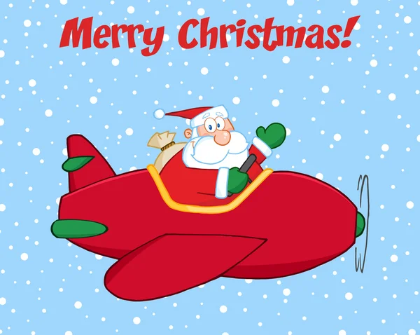 Wesołych Świąt okolicznościowych z Santa Claus latania samolotem i macha — Zdjęcie stockowe