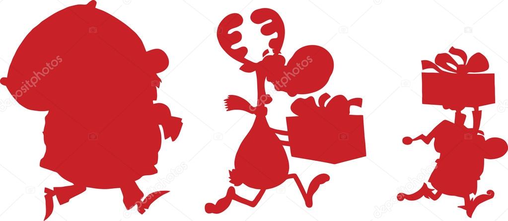 Red Santa Claus,Reindeer And Elf Running In Christmas Night Silhouettes Design Card