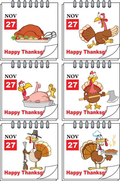 Calendar Page With Cartoon Turkey And Happy Thanksgiving Greeting Text. Collection Set