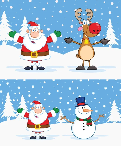 圣诞老人、驯鹿和雪人 — 图库照片