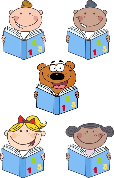 Kinder und Bären lesen ein Buch — Stockvektor