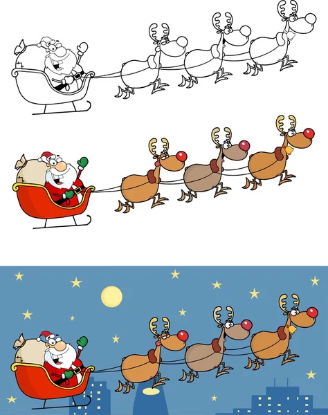 Christmas Santa Clause Sleigh With Reindeer — Stock Vector