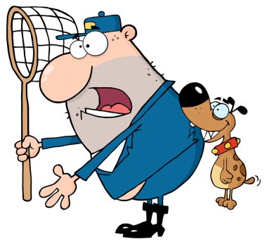 Angry Dog Biting A Dog Catcher. clipart