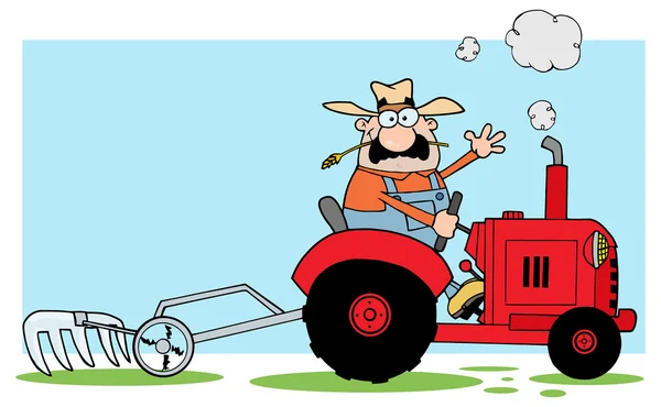 Piros traktor boldog gazdálkodó — Stock Vector
