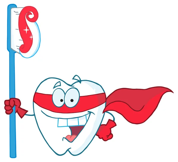 Superhero Tooth Dengan sikat gigi - Stok Vektor