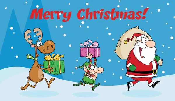 Cartoon santa claus, rendieren en elf — Stockvector