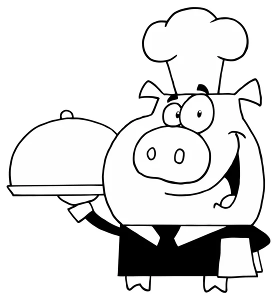 Chef cerdo personaje con bandeja — Vector de stock